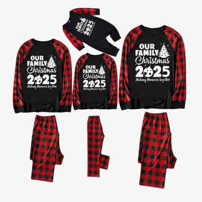 Christmas Family Christmas 2025 Letter Print Patterned Contrast Black top and Black & Red Plaid Pants Family Matching Pajamas Set