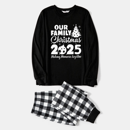'Our Family Chirstmas 2025 Making Memories Together' Letter Print Black Long Sleeve Top with Black And White Plaid Pants Family Matching Pajamas