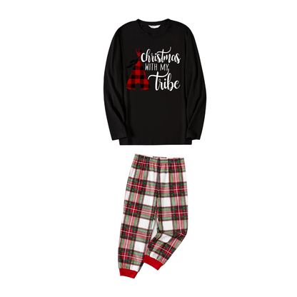 Christmas Text Print Black Long Sleeve Top with Red & White & Green Plaid Family Matching Pajamas