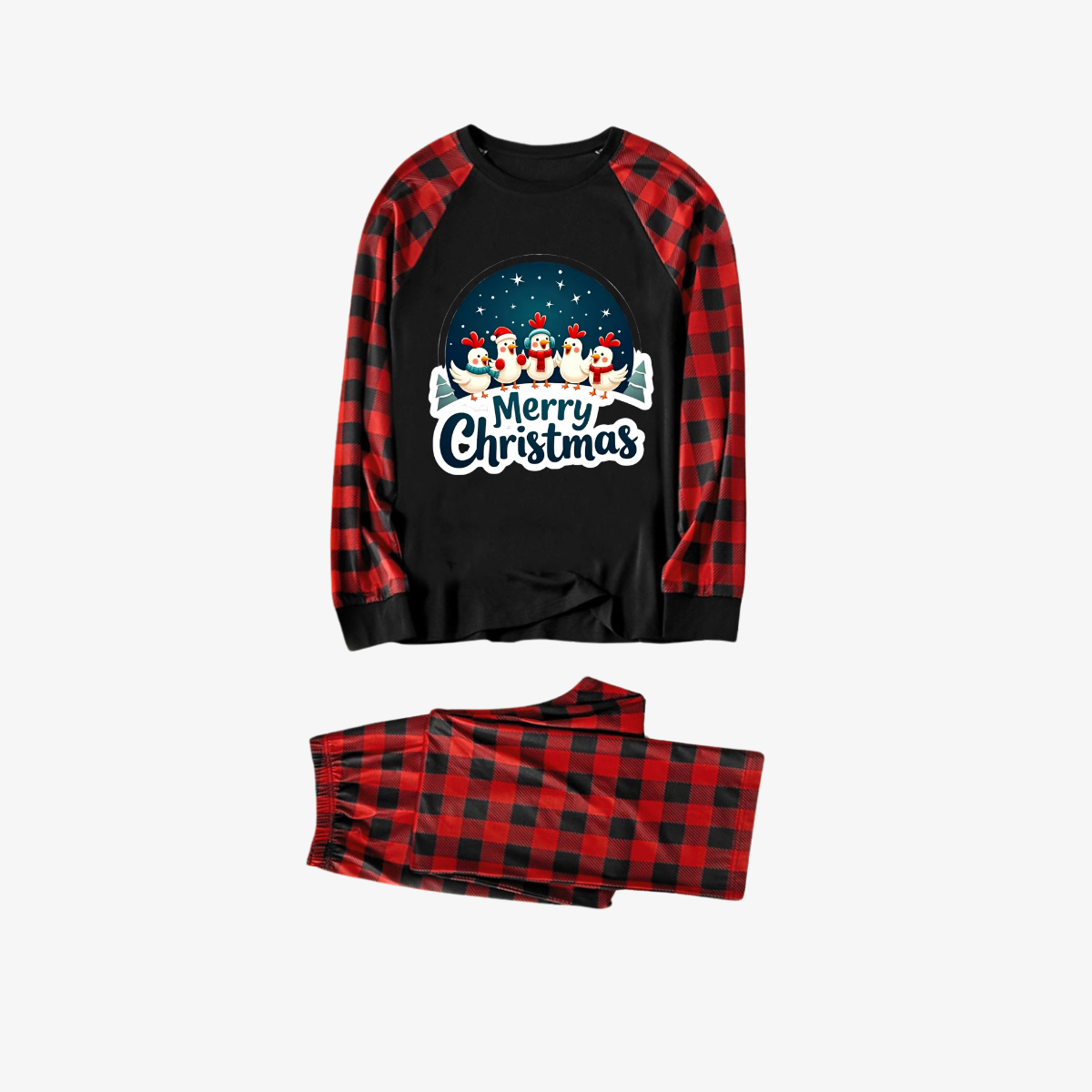 Red and Black Plaid Christmas Pajamas Set With Happy Chickens and "Merry Christmas" Text Print