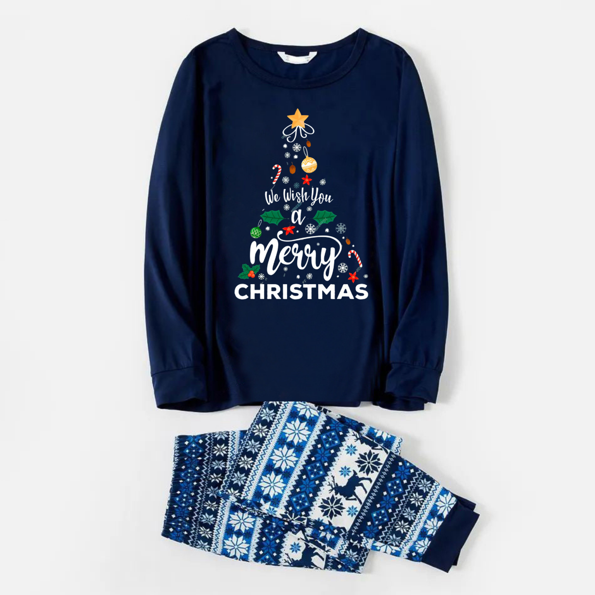"We Wish You a Merry Christmas" Print Blue Family Christmas Matching Pajamas
