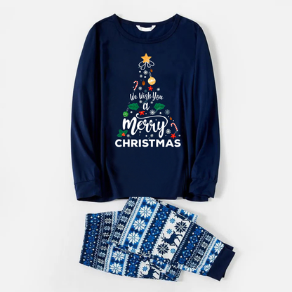 "We Wish You a Merry Christmas" Print Blue Family Christmas Matching Pajamas