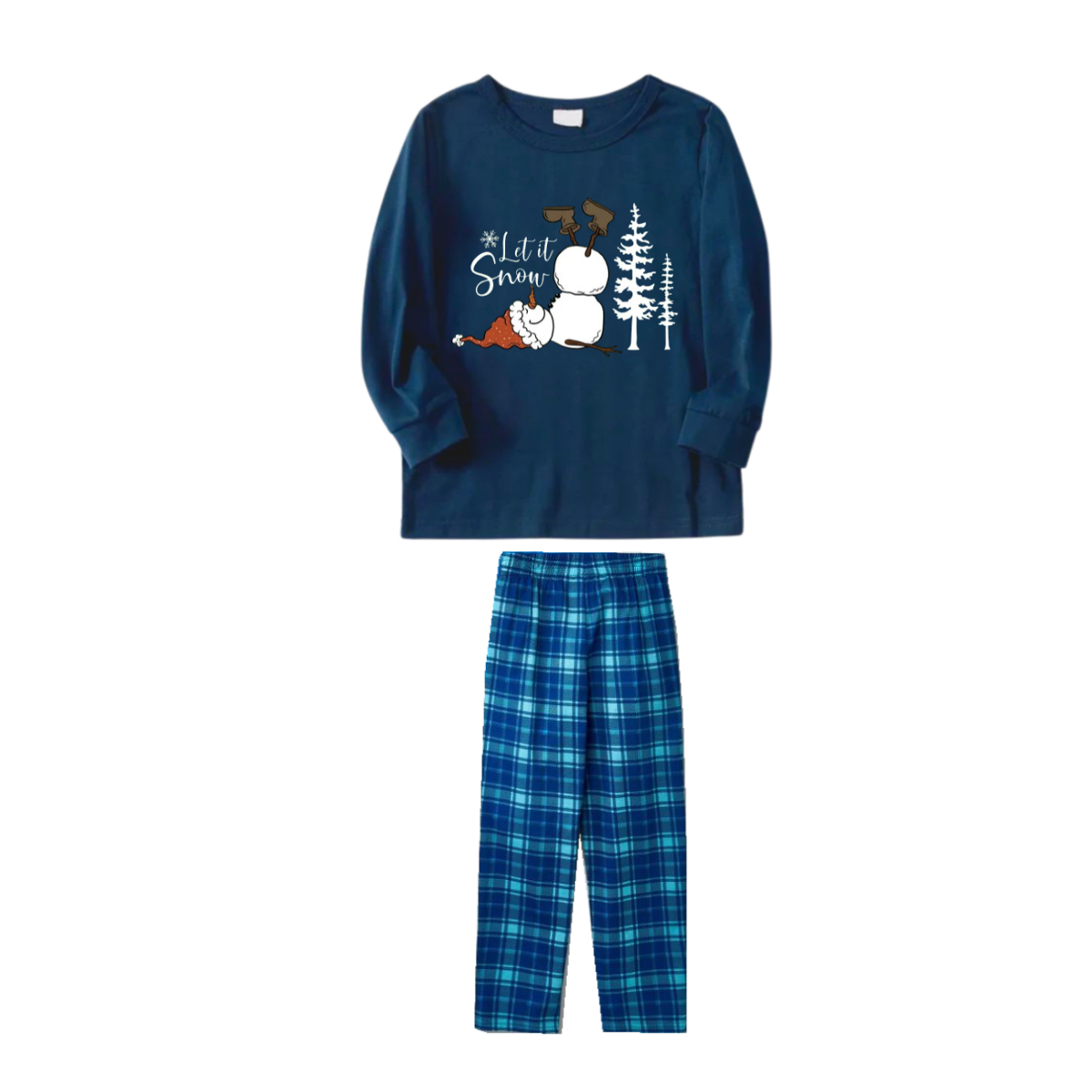 "Let it Snow" Slogan and Snowman Printed Blue Plaid Christmas Matching Pajamas