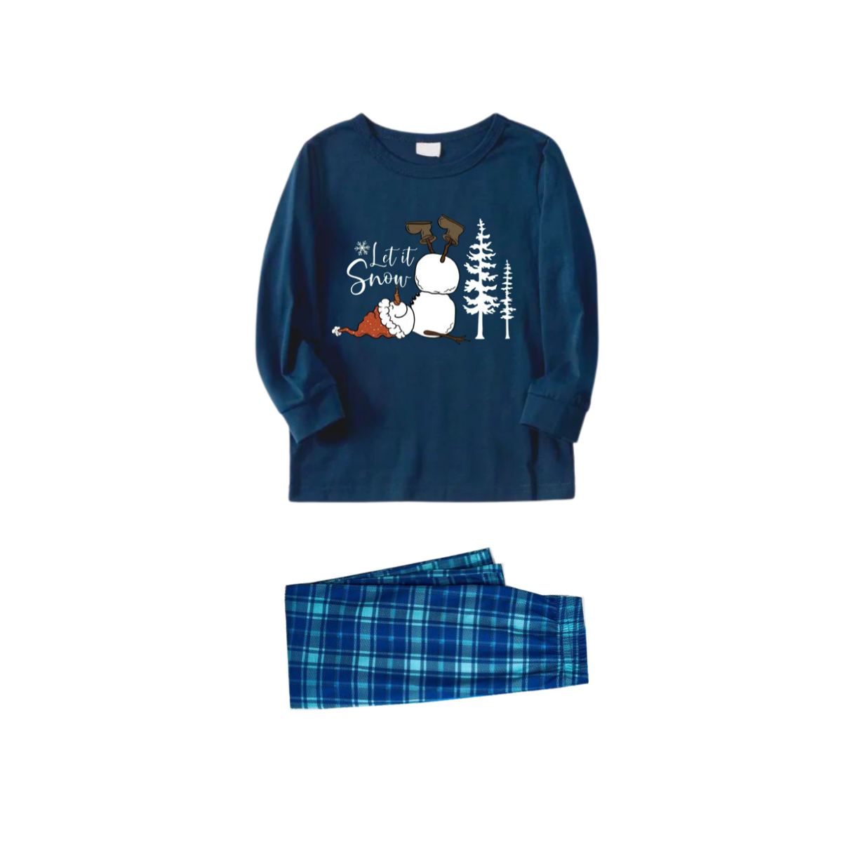 "Let it Snow" Slogan and Snowman Printed Blue Plaid Christmas Matching Pajamas