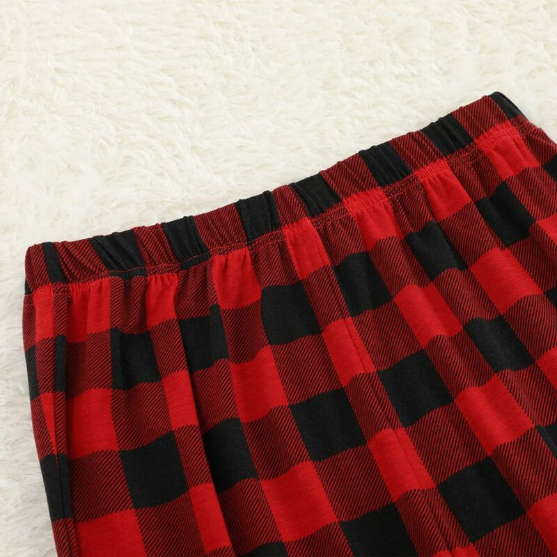 Christmas Hat and Snow Patterned Believe Letter Print Patterned Contrast Black top and Black & Red Plaid Pants Family Matching Pajamas Set