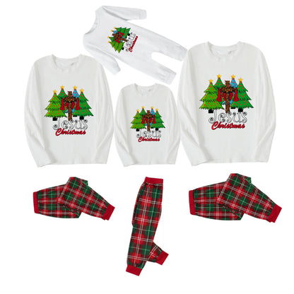Christmas Tree and Jesus Christmas Text Printed Red and Green Plaid Christmas Pajama Set