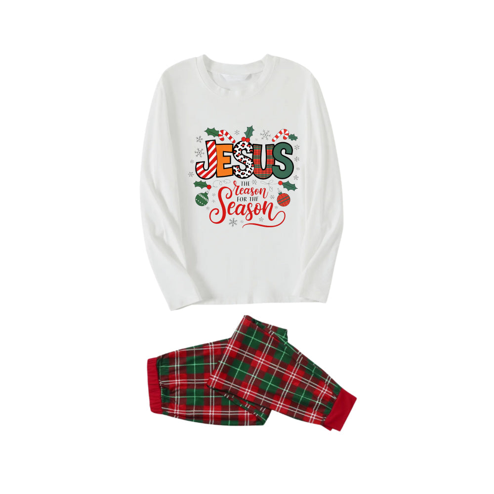 Christmas Pattern and “Jesus” Colorful Text Printed Red and Green Plaid Christmas Pajama Set