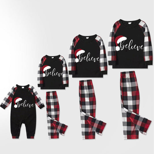 Christmas Hat and 'Believe“ Letter Print Patterned Plaid Sleeve Contrast Tops and Red & Black & White Plaid Pants Family Matching Pajamas Set With Dog Bandana