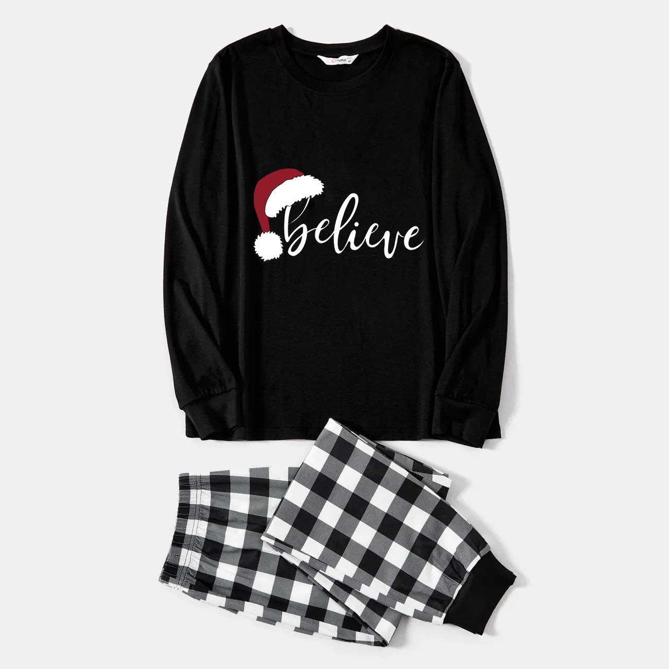 Christmas Hat and 'Believe“ Letter Print Patterned Black & White Plaid Pajamas Set