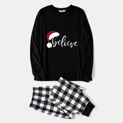 Christmas Hat and 'Believe“ Letter Print Patterned Black & White Plaid Pajamas Set