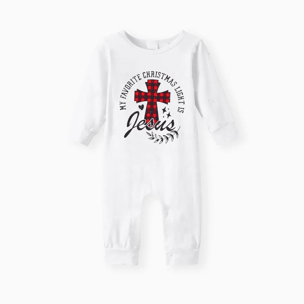 My Favorite Christmas Light Is Jesus Slogan Printed Red and Green Plaid Christmas Pajama Set