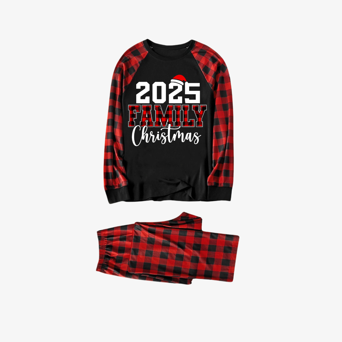 "2025 Family Christmas" Text Print Black & Red Plaid Christmas Matching Pajamas