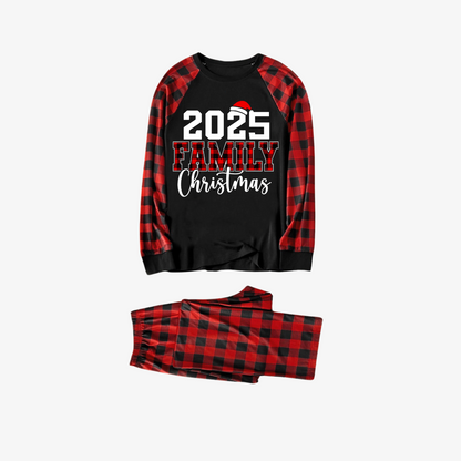"2025 Family Christmas" Text Print Black & Red Plaid Christmas Matching Pajamas