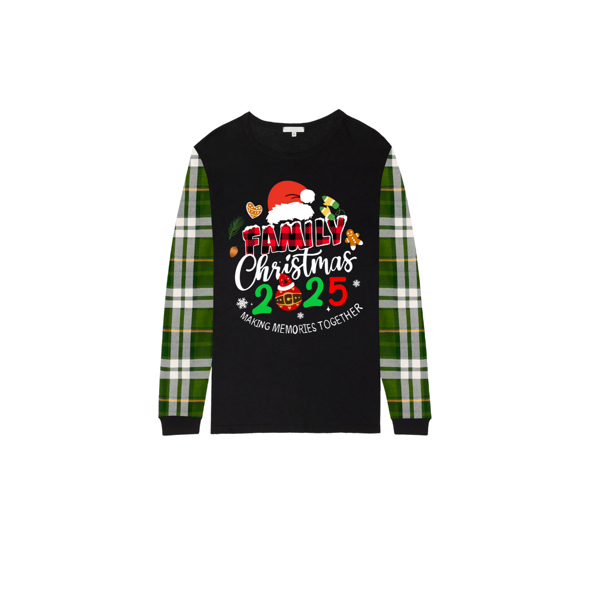 Merry Christmas 2025 Making Memories Family Pajamas Set - Black Top, Green Pants, Green Plaid Sleeves, Santa & Gingerbread Print