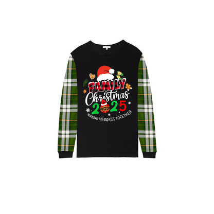Merry Christmas 2025 Making Memories Family Pajamas Set - Black Top, Green Pants, Green Plaid Sleeves, Santa & Gingerbread Print