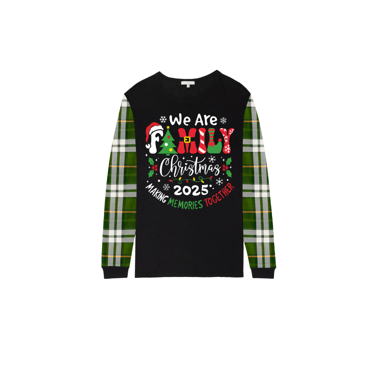 We Are Family Christmas 2025 Making Memories Family Pajamas Set - Black Top, Green Pants, Green Plaid Sleeves
