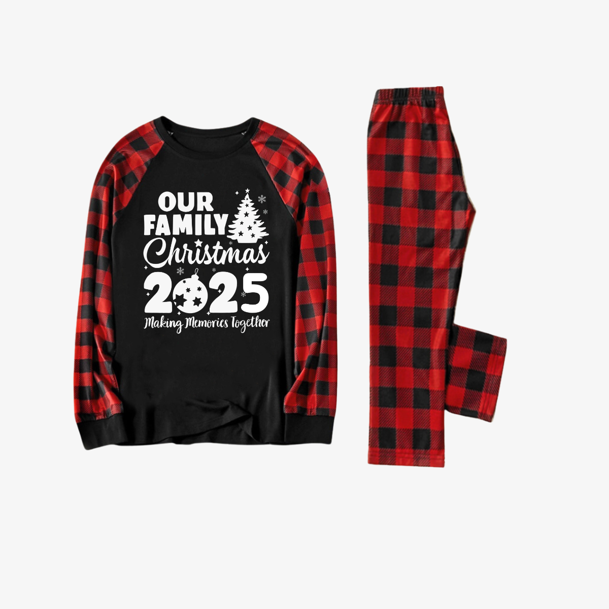 Christmas Family Christmas 2025 Letter Print Patterned Contrast Black top and Black & Red Plaid Pants Family Matching Pajamas Set