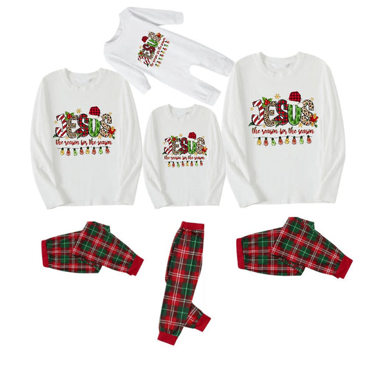 Christmas Light and Jesus Text Printed Red and Green Plaid Christmas Pajama Set