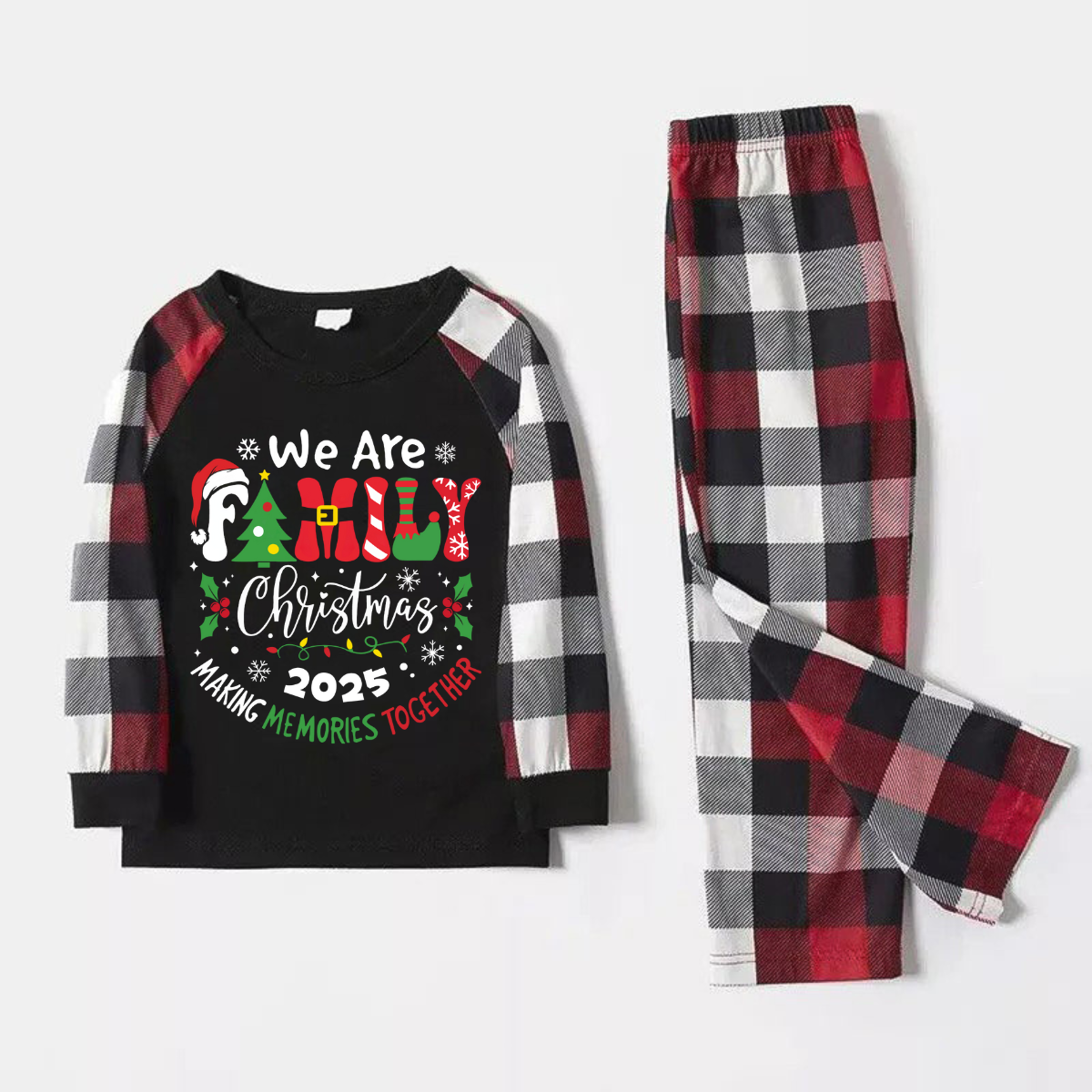 "We are Family 2025 Christmas Make Memories Together" Slogan Print Black Top With Red & Black & Grey & White Plaid Family Matching Pajamas