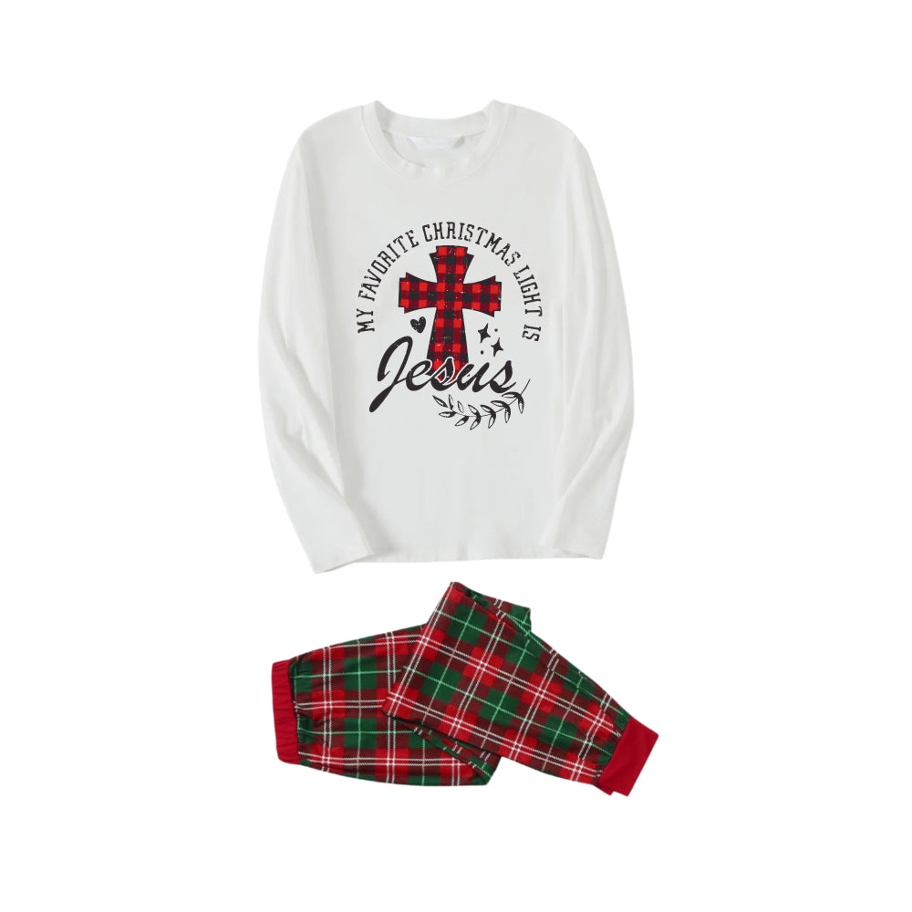 My Favorite Christmas Light Is Jesus Slogan Printed Red and Green Plaid Christmas Pajama Set