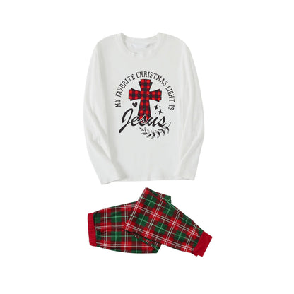 My Favorite Christmas Light Is Jesus Slogan Printed Red and Green Plaid Christmas Pajama Set