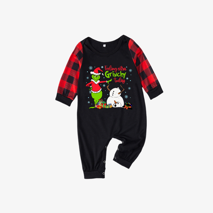 Red and Black Plaid Christmas Pajamas Set With Grinch and Snowman Print