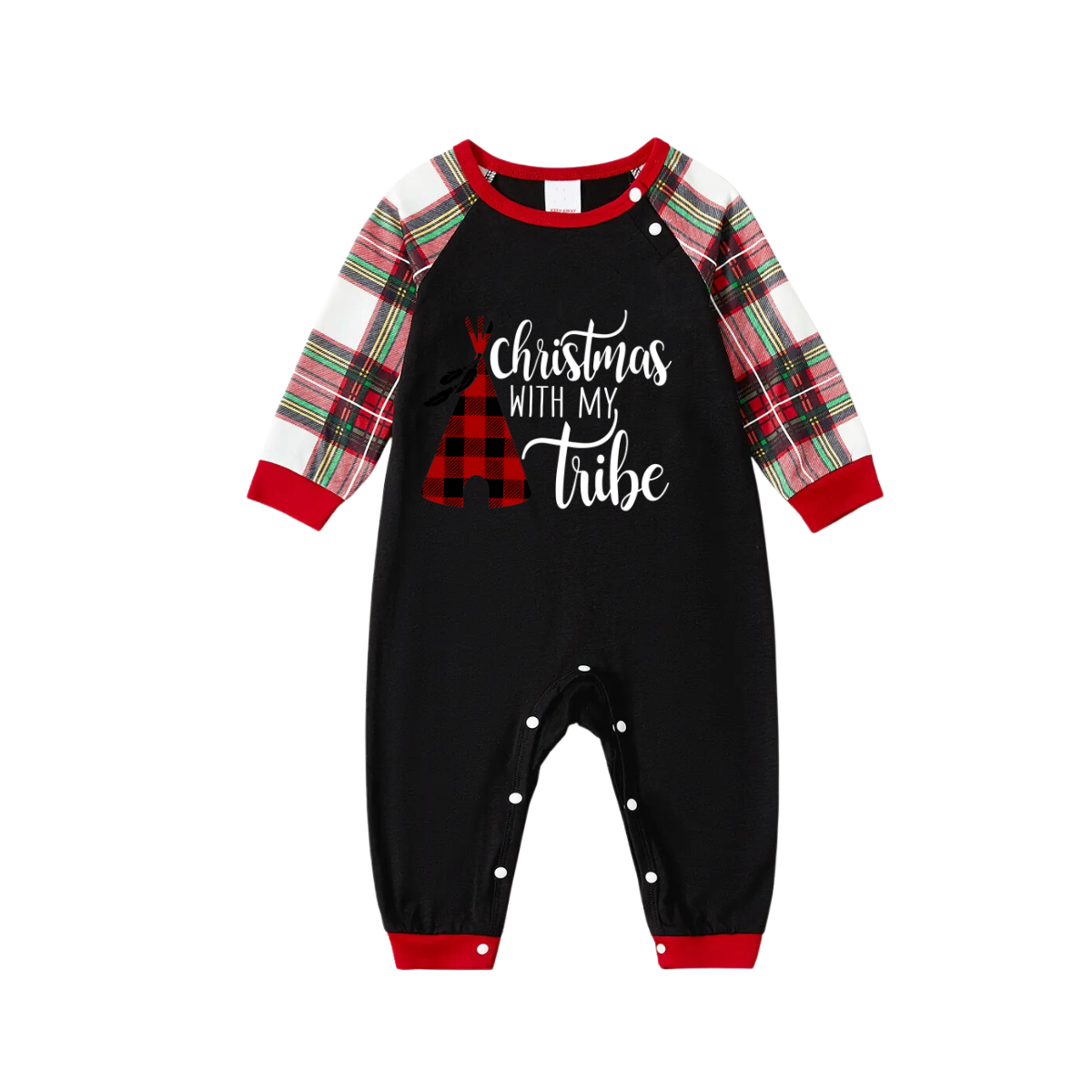 Christmas Text Print Black Long Sleeve Top with Red & White & Green Plaid Family Matching Pajamas