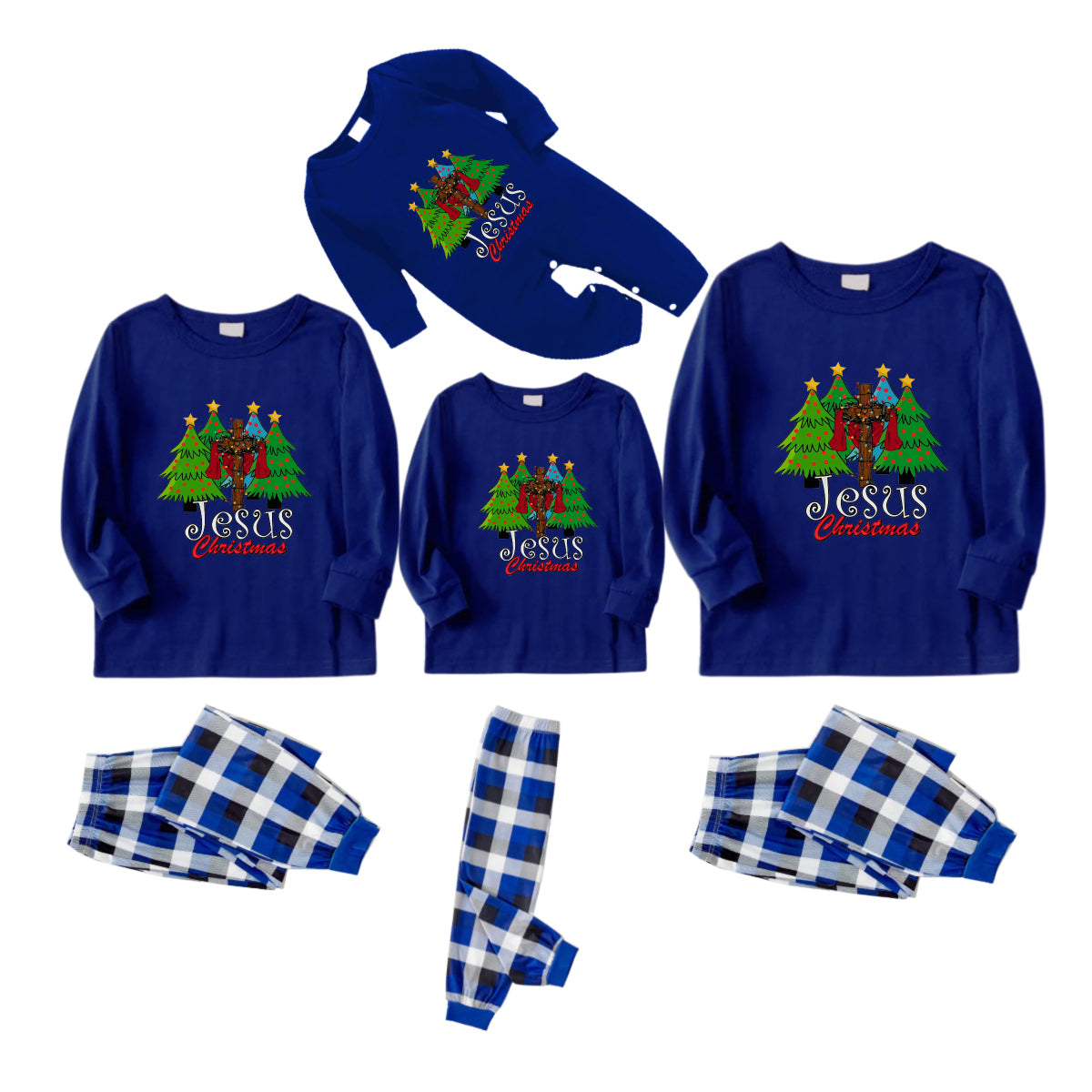 Christmas Family Matching Pajamas-Navy & White Plaid Pjs Set with Christmas Tree and "Jesus Christmas" Print