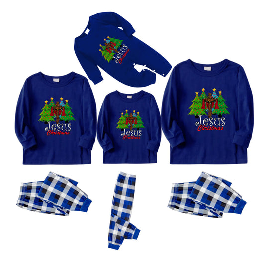 Christmas Family Matching Pajamas-Navy & White Plaid Pjs Set with Christmas Tree and "Jesus Christmas" Print