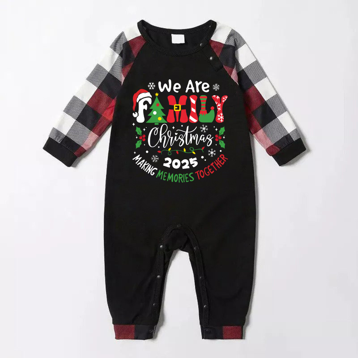 "We are Family 2025 Christmas Make Memories Together" Slogan Print Black Top With Red & Black & Grey & White Plaid Family Matching Pajamas