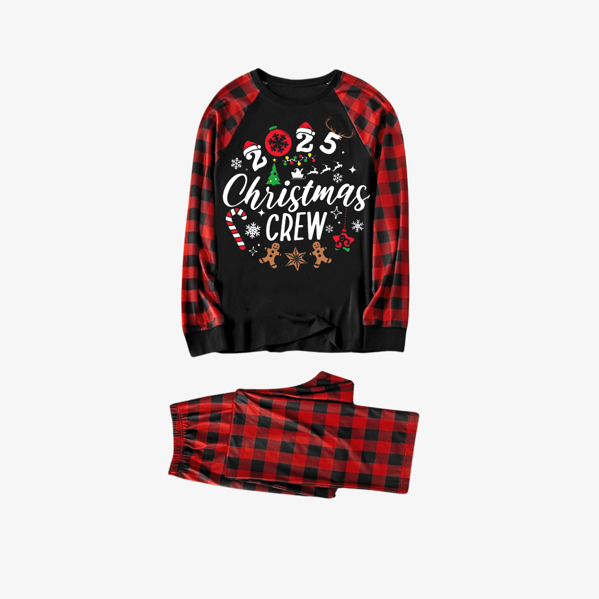 "2025 Christmas Crew" Text Print Black & Red Plaid Christmas Matching Pajamas