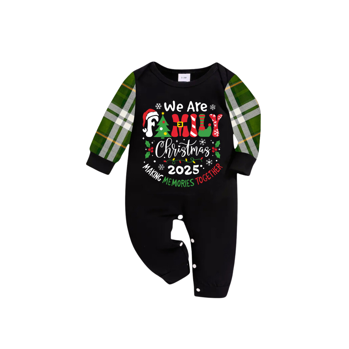 We Are Family Christmas 2025 Making Memories Family Pajamas Set - Black Top, Green Pants, Green Plaid Sleeves