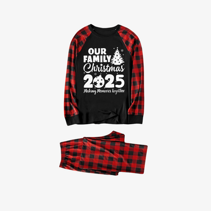 Christmas Tree & "2025 Making Memories Together" Patterned Contrast top and Black & Red Plaid Pants Family Matching Pajamas Set
