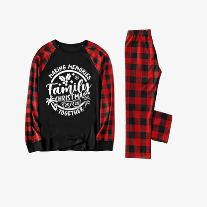 Christmas Make Memories Together 2025 Print Black & Red Plaid Family Matching Black Pajamas With Dog bandana