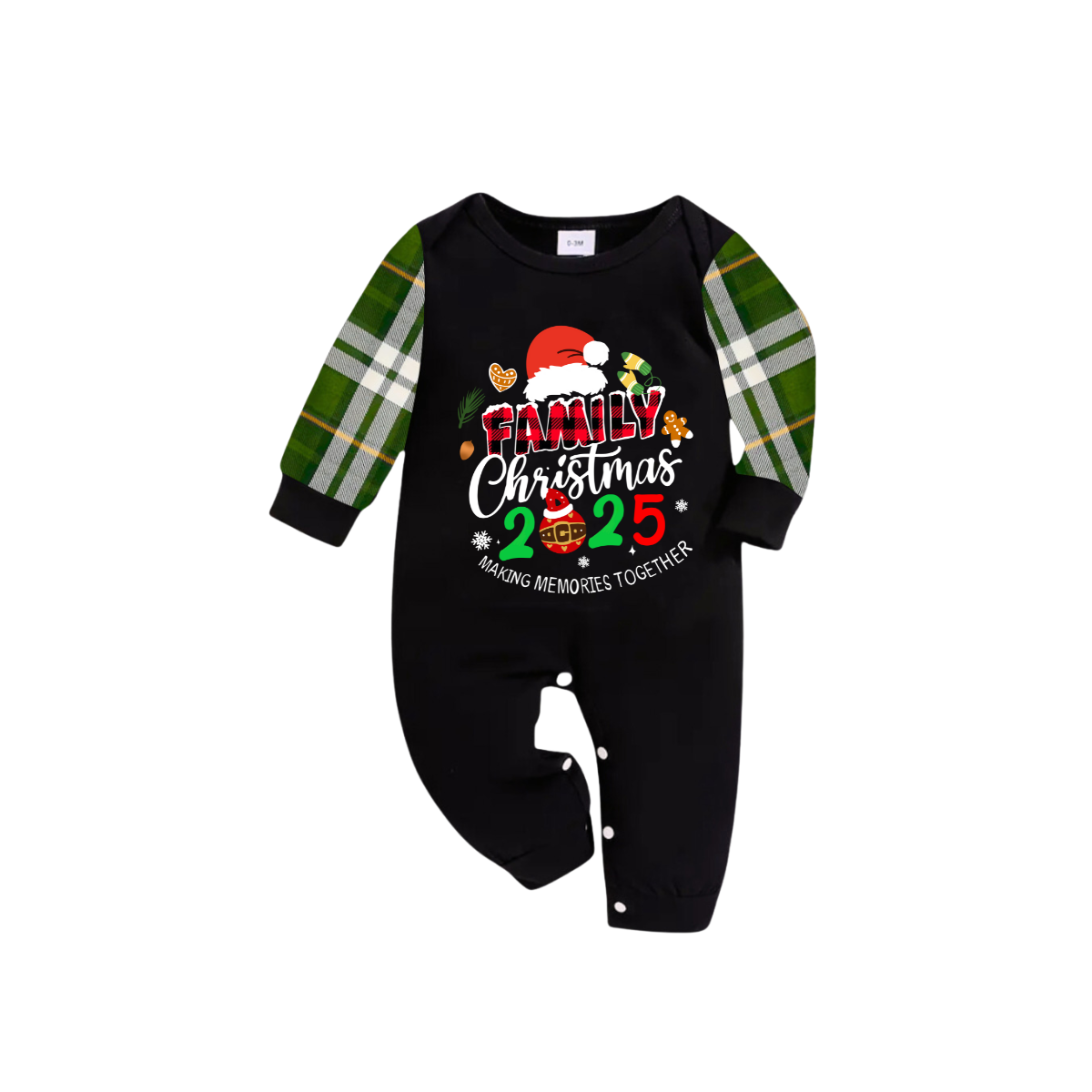 Merry Christmas 2025 Making Memories Family Pajamas Set - Black Top, Green Pants, Green Plaid Sleeves, Santa & Gingerbread Print