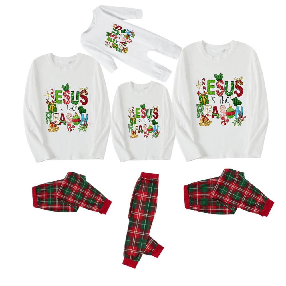 “Jesus Is The Reason” Christmas Printed Red and Green Plaid Christmas Pajama Set
