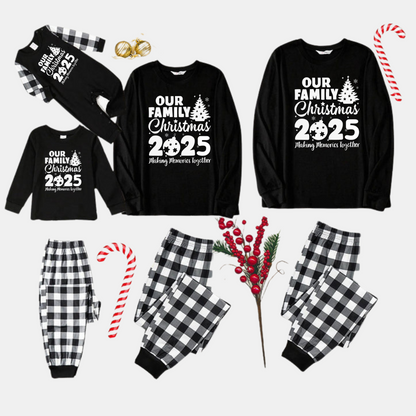 'Our Family Chirstmas 2025 Making Memories Together' Letter Print Black Long Sleeve Top with Black And White Plaid Pants Family Matching Pajamas
