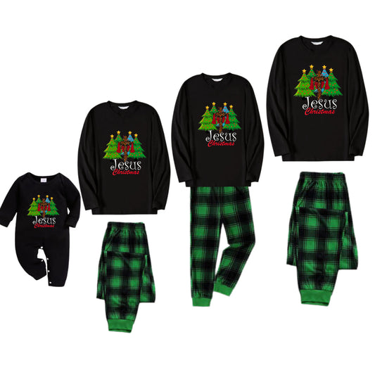 Christmas Family Matching Pajamas-Black Top and Green Plaid Pants Pjs Set with "Jesus Christmas" Print