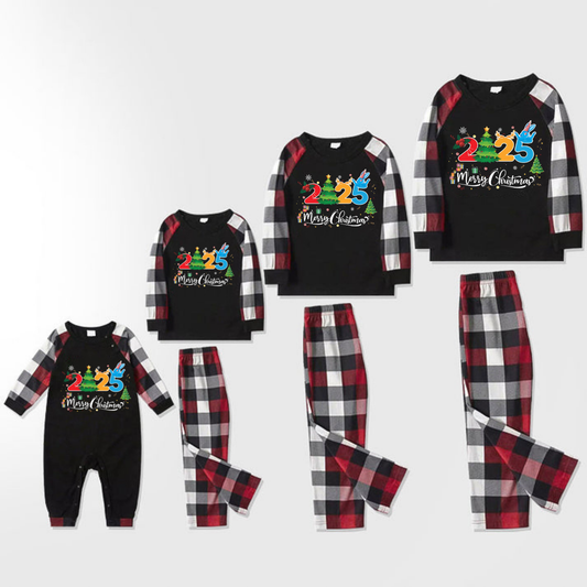 Red and Gray Plaid Christmas Pajamas Set With "2025 Merry Christmas" Text Print