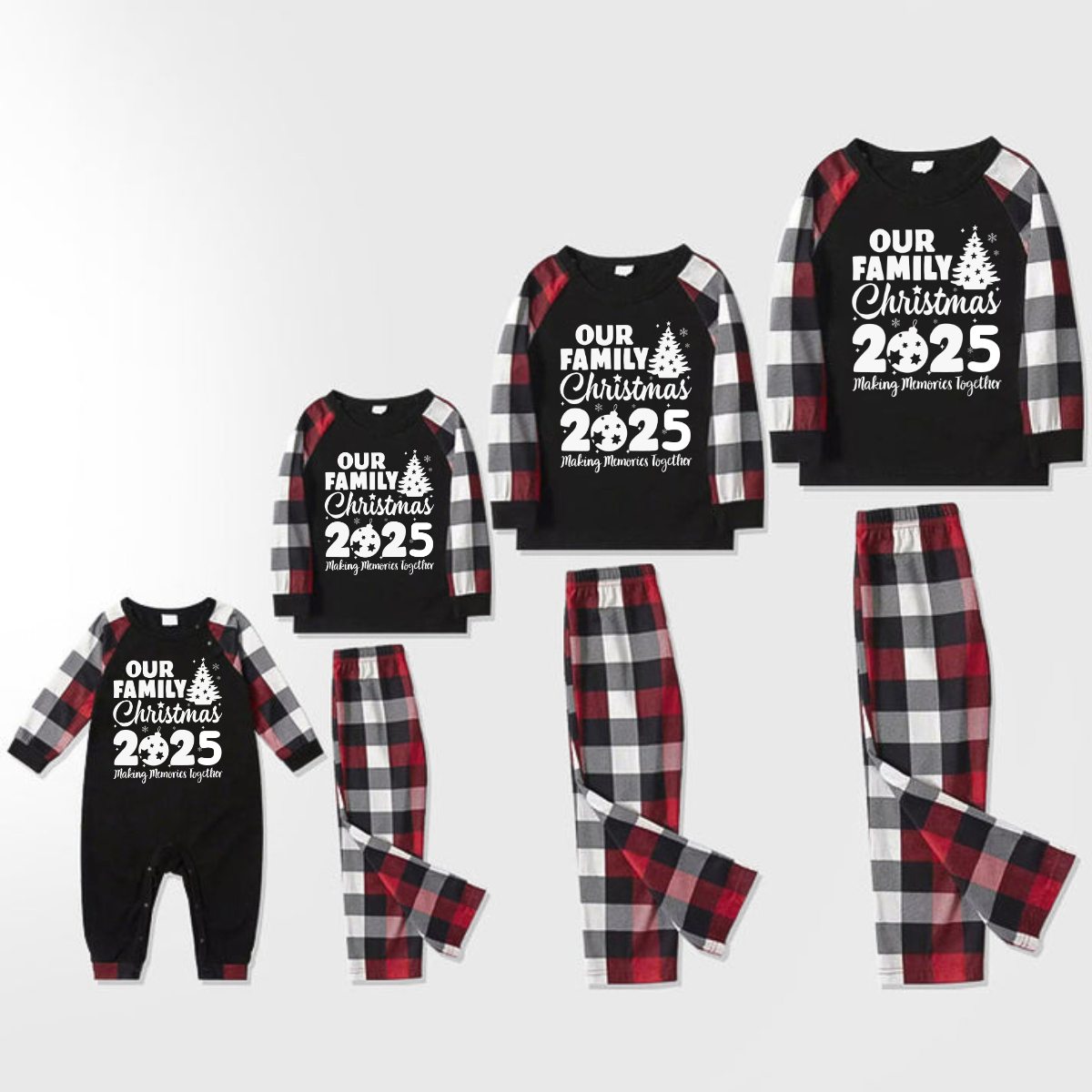 Christmas Tree & "2025 Making Memories Together" Patterned Plaid Sleeve Contrast Tops and Red & Black & White Plaid Pants Family Matching Pajamas Set With Dog Bandana