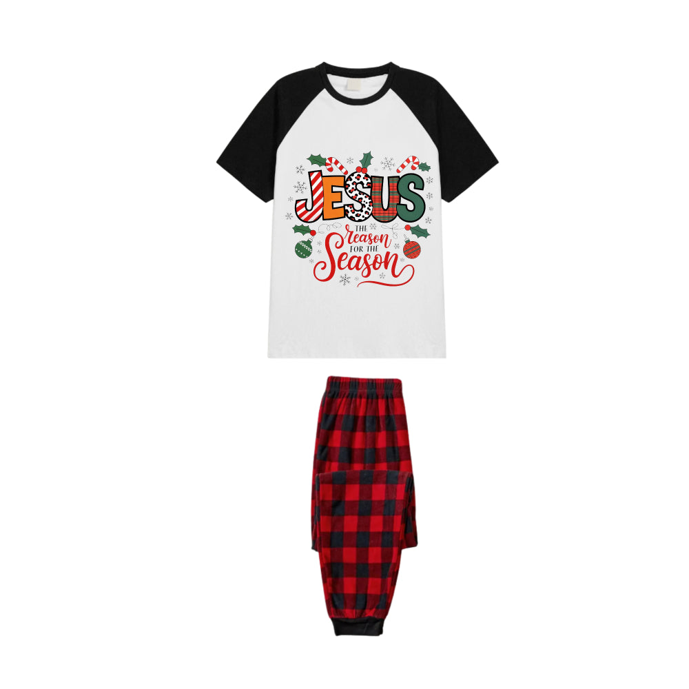 Black and Red Plaid Raglan Short Sleeve Pajamas Set With "Jesus" and Christmas Pattern Print