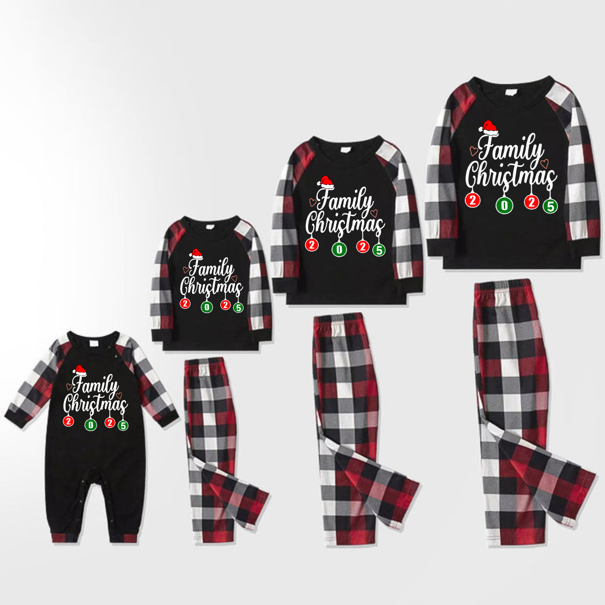 "Family Christmas" 2025 Letter Print Red & Black & Grey & White Plaid Family Matching Pajamas