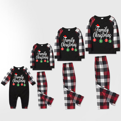 "Family Christmas" 2025 Letter Print Red & Black & Grey & White Plaid Family Matching Pajamas