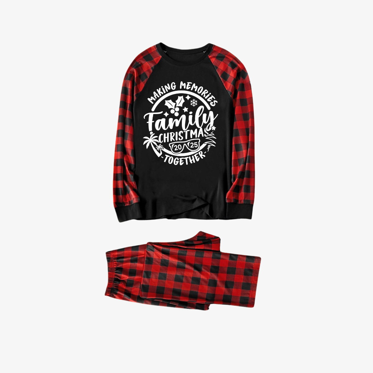 Christmas Make Memories Together 2025 Print Black & Red Plaid Family Matching Black Pajamas With Dog bandana