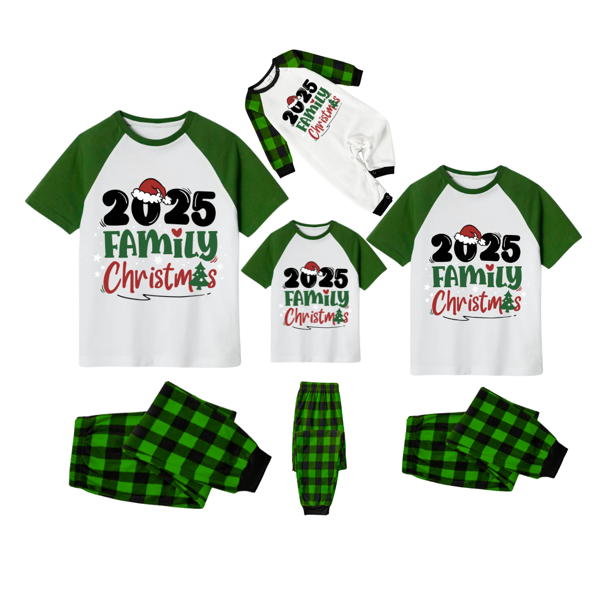 2025 Family Christmas Pajamas Set - White Top Green Sleeves Green Plaid Pants Green and Red Text Graphic