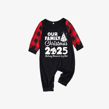 Christmas Tree & "2025 Making Memories Together" Patterned Contrast top and Black & Red Plaid Pants Family Matching Pajamas Set
