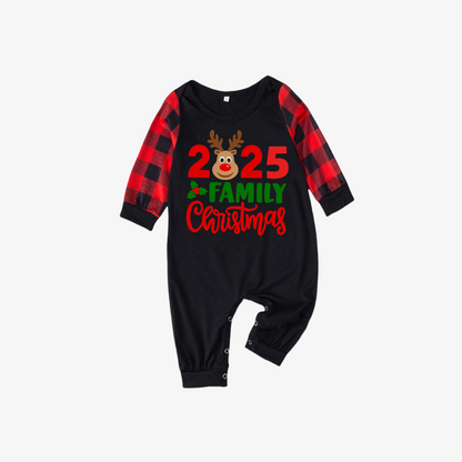 "2025 Family Christmas" Moose Letter Prints Black & Red Plaid Family Matching Black Pajamas