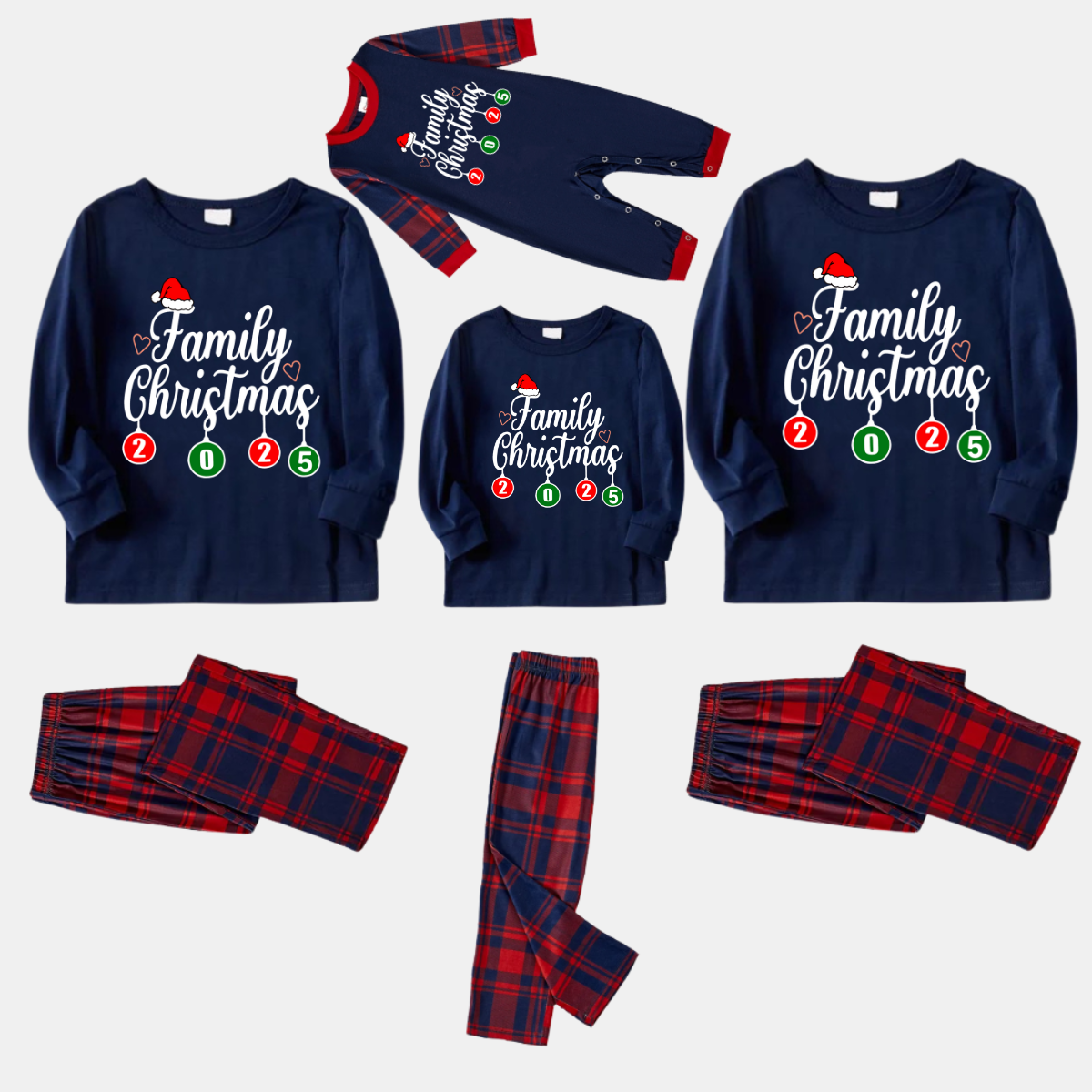 "Family Christmas 2025" Letter Printed Red and Blue Plaid Christmas Matching Pajamas