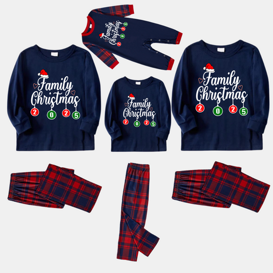 "Family Christmas 2025" Letter Printed Red and Blue Plaid Christmas Matching Pajamas