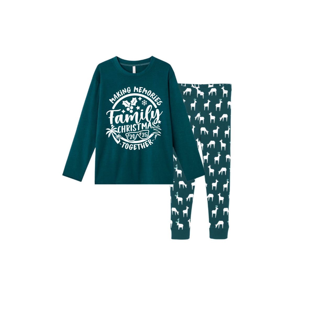 Christmas Family Matching Pajamas-Dark Green&Deer Patterned Pjs Set with "Family Christmas Making Memories Together" Print